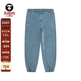 Aape旗舰店男装秋冬猿人徽章水洗做旧复古潮流牛仔束脚裤6912XXP