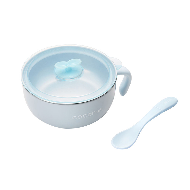 可可萌400ml不锈钢带盖碗套装宝宝辅食碗吃饭碗勺子餐具儿童餐具