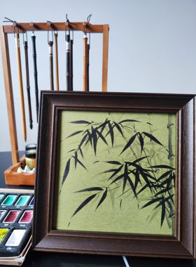 纯手纯国画墨竹~摆台挂画，客厅新房装饰画，复古实木画框