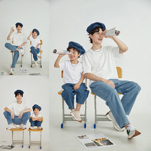 拍照亲子装25年韩版亲子装牛仔父子装影楼摄影主题服装帅气潮拍服