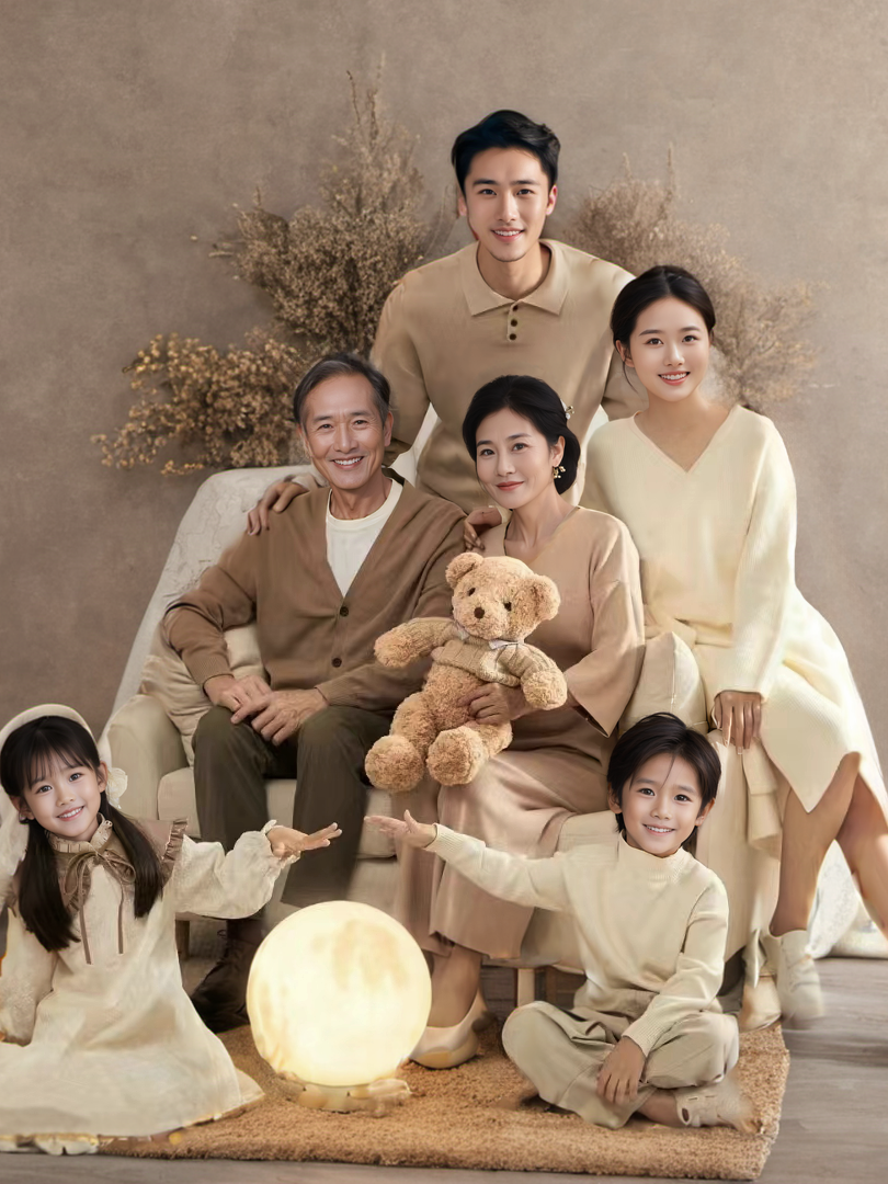 북유럽 스타일의 심플한 단색 가족 초상화 6 명 4 명의 부모와 자녀 사진 스튜디오 사진 의류 다큐멘터리 스타일 니트 양복