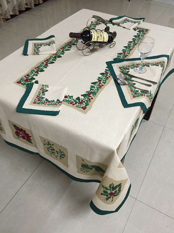 出口欧美棉麻圣诞贴花餐桌布欧式田园风餐厅台布会议厅长方形桌布