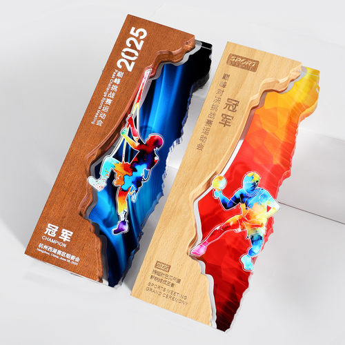 新款实木奖杯定制定做创意运动会篮球足球比赛冠军亚克力奖牌制作