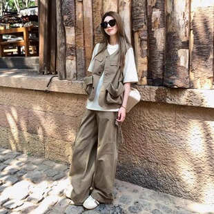 美式复古运动服套装女夏季宽松显瘦马甲背心工装裤时尚休闲两件套