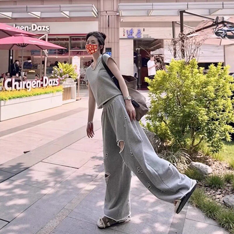 韩系短袖破洞阔腿裤运动服套装女