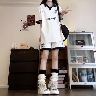 女学生夏季 短袖 盐系休闲运动服套装 宽松显瘦POLO衫 两件套 短裤 时尚