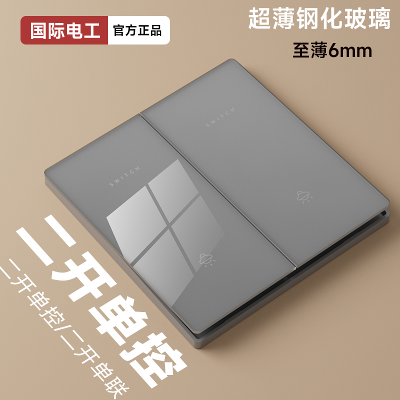 86型灰色钢化玻璃二开单控双开关