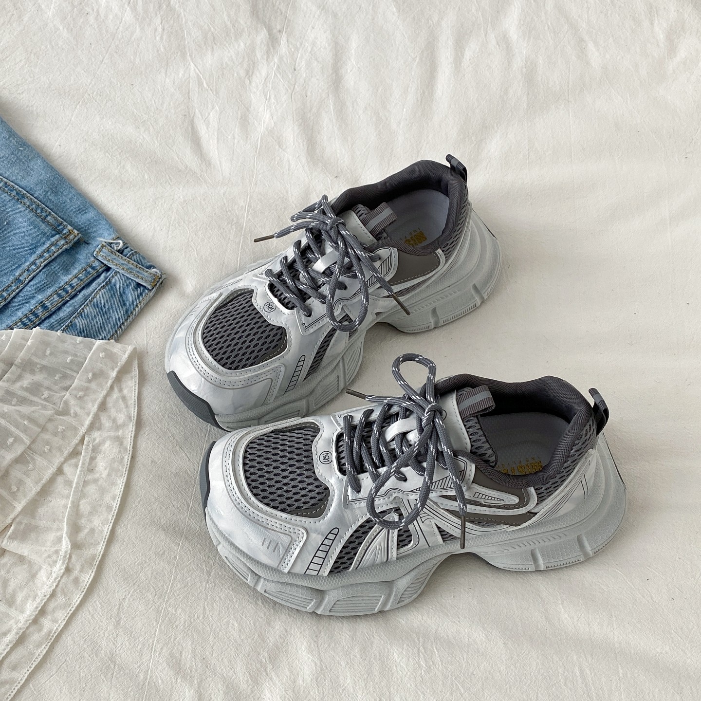 喜叔复古银灰色厚底休闲运动鞋女款秋冬季透气小众老爹鞋轻便跑鞋,女鞋,老爹鞋,淘宝优惠券,粉丝福利购,淘宝优惠卷