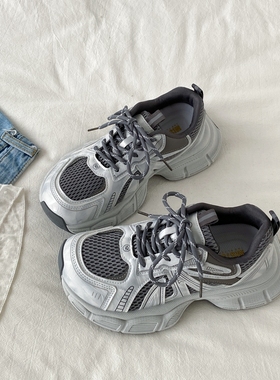 喜叔复古银灰色厚底休闲运动鞋女款秋冬季透气小众老爹鞋轻便跑鞋