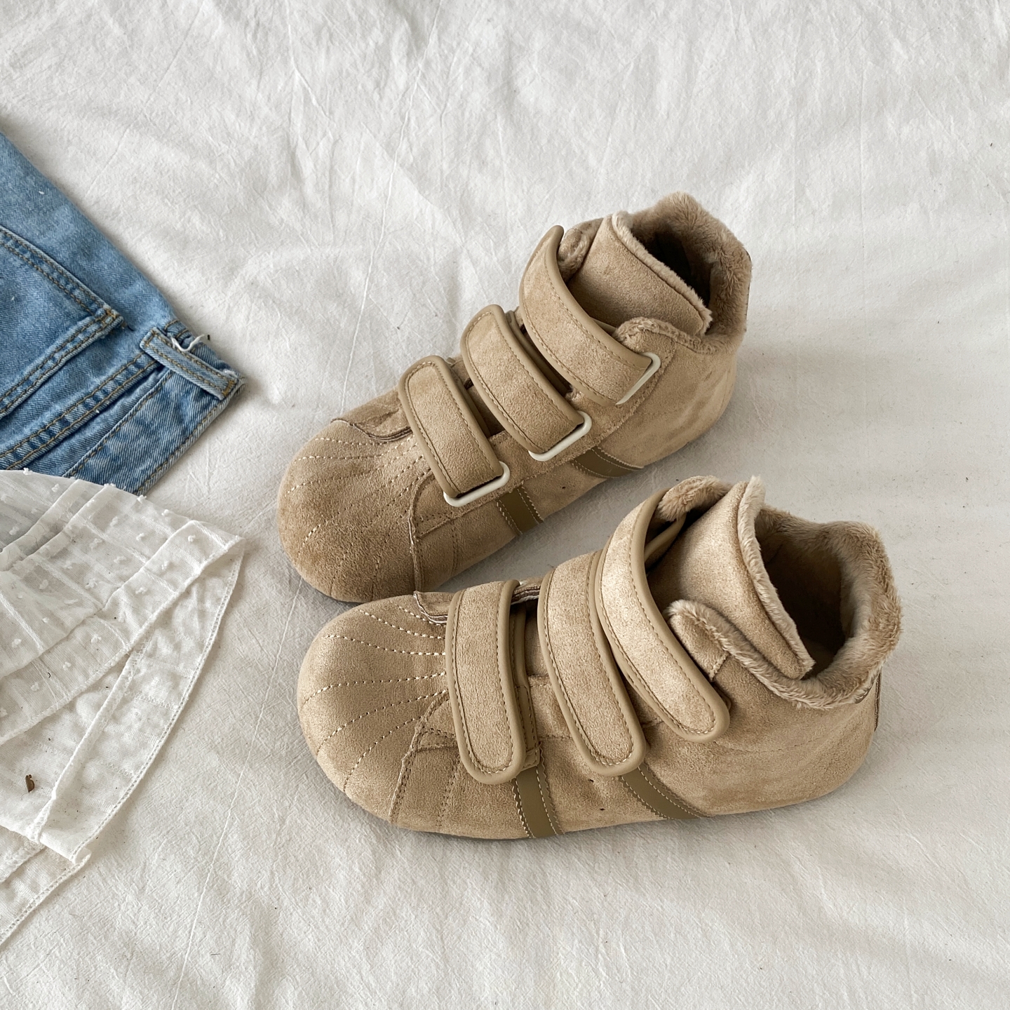 复古棕色魔术贴棉鞋保暖加绒板鞋