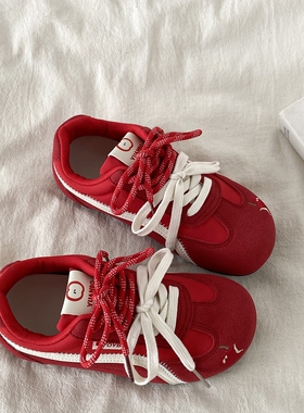 喜叔丑萌红色苹果德训鞋女款2025新款夏季透气薄底板鞋泡芙阿甘鞋