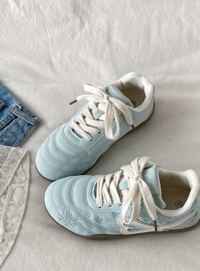喜叔小清新蓝色厚底德训鞋女款秋冬复古赛车鞋休闲运动板鞋小白鞋