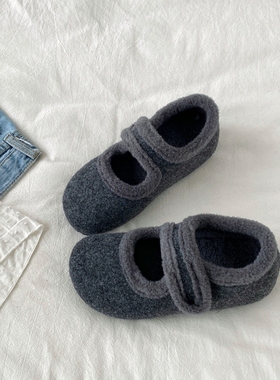 喜叔灰色玛丽珍毛毛鞋女冬季外穿保暖加绒勃肯鞋内增高魔术贴棉鞋
