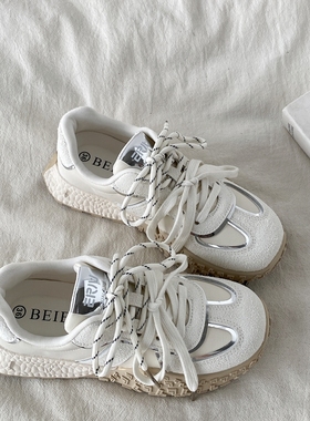 喜叔 ins超火厚底德训鞋女款2025新款爆米花阿甘鞋休闲运动小白鞋