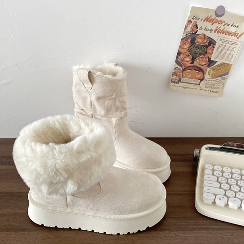 外翻毛领厚底雪地靴冬天短筒棉靴