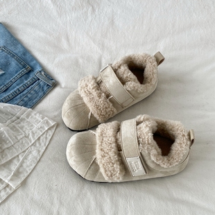喜叔 加绒魔术贴二棉鞋女款冬季毛毛鞋复古厚底德训鞋保暖面包鞋