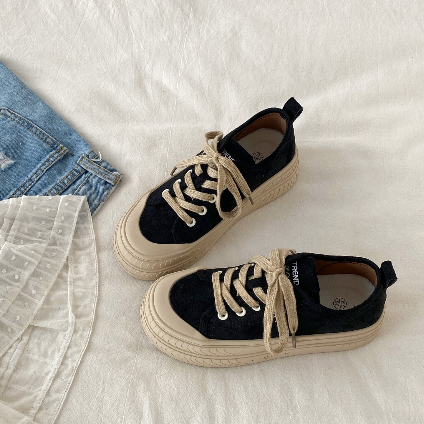 喜叔 黑色复古厚底绒面德训鞋女2025新款秋季小众休闲板鞋帆布鞋,女鞋,休闲板鞋,淘宝优惠券,粉丝福利购,淘宝优惠卷