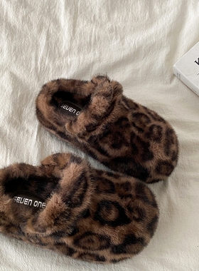 喜叔两穿厚底豹纹棉拖鞋女外穿秋冬加绒包头毛毛拖鞋一脚蹬勃肯鞋