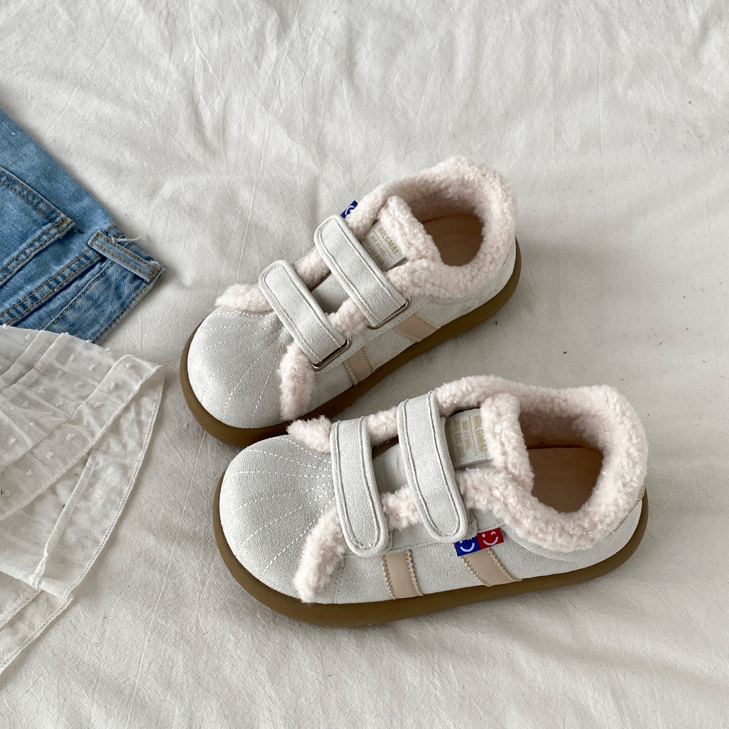 丑萌大头魔术贴棉鞋一脚蹬毛毛鞋