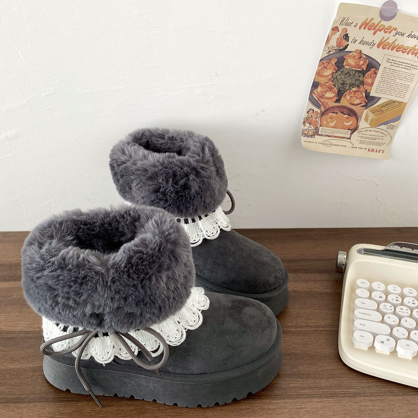 千禧风灰色费尔岛雪地靴厚底棉靴
