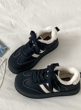 喜叔冬季加绒厚底黑色德训鞋女款百搭保暖二棉鞋复古休闲运动板鞋
