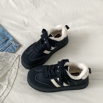 黑色厚底加绒德训鞋秋冬百搭棉鞋