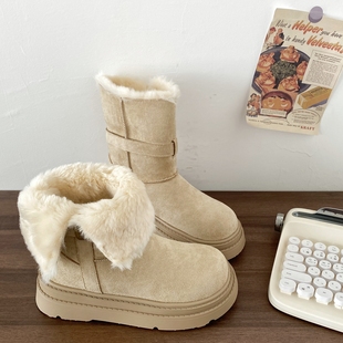 厚底长筒靴子 保暖加绒棉鞋 喜叔两穿翻折毛绒雪地靴女2025新款 冬季