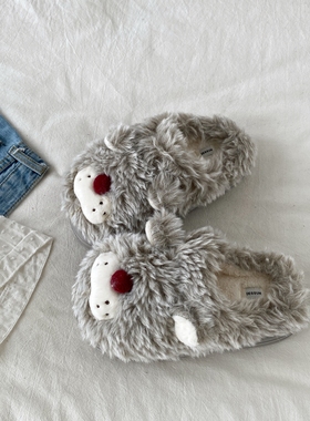 喜叔 灰色可爱卡通毛绒棉拖鞋女外穿秋冬季保暖室内防滑毛毛拖鞋