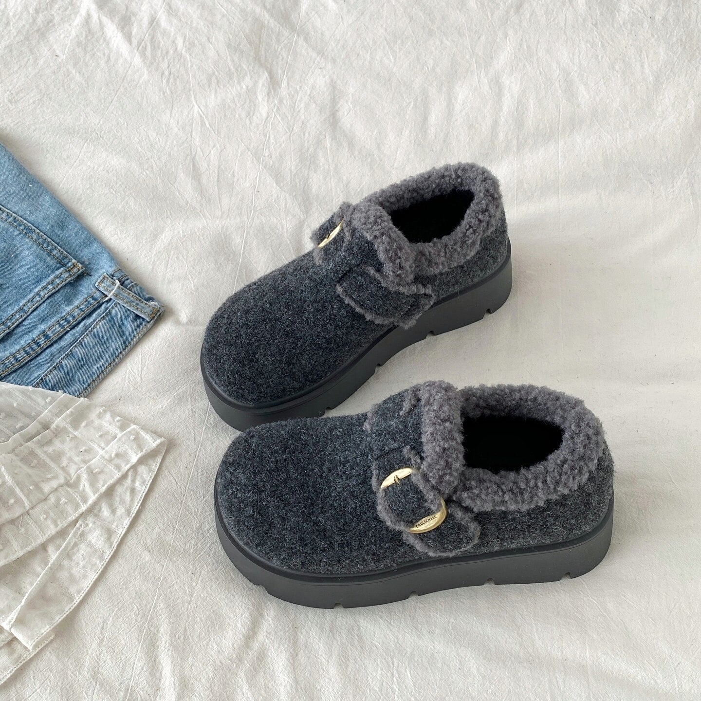 喜叔灰色厚底毛呢勃肯鞋女2025新款冬季保暖毛毛棉鞋一脚蹬雪地靴,女鞋,棉鞋,淘宝优惠券,粉丝福利购,淘宝优惠卷