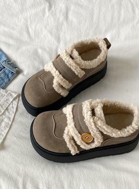 喜叔灰绿色小众厚底棉鞋女款冬季保暖勃肯雪地靴休闲面包鞋毛毛鞋