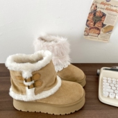 喜叔 费尔岛棉靴 保暖加绒棉鞋 可拆卸两穿厚底毛绒雪地靴女款 冬季