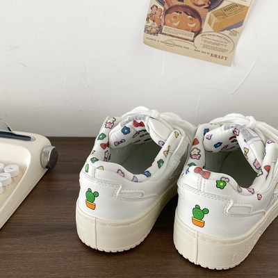 彩虹花朵可爱涂鸦小白鞋甜美小众