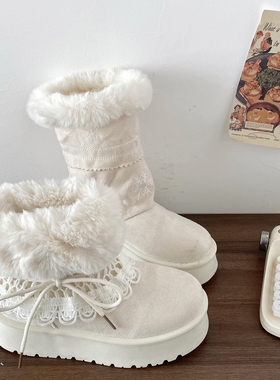 喜叔可拆卸白色厚底毛绒雪地靴女2025冬季保暖加绒加厚中筒棉靴子