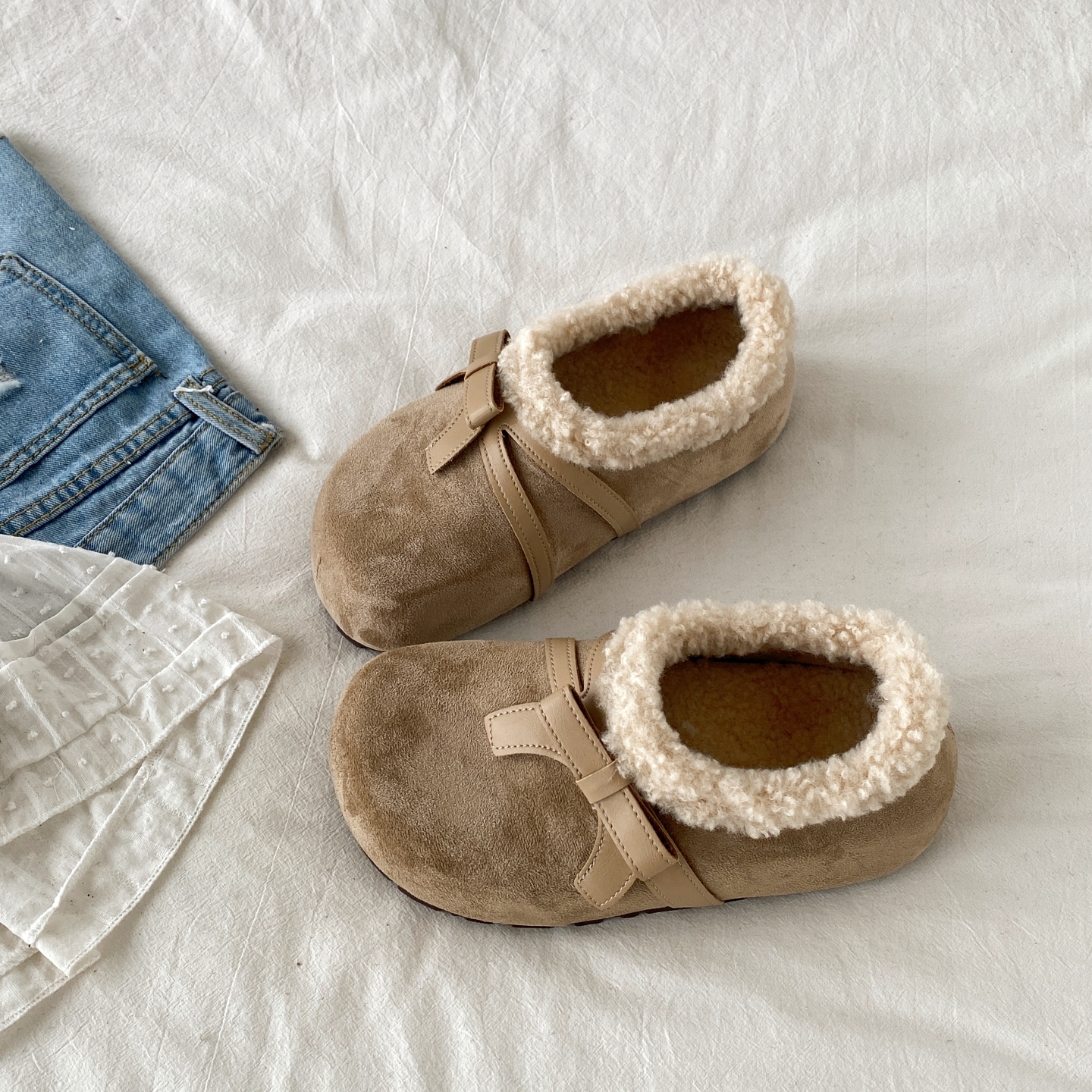 加绒蝴蝶结勃肯棉鞋厚底毛毛鞋子