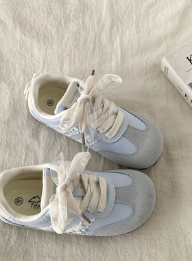 喜叔蓝色蕾丝蝴蝶结德训鞋女2025新款夏季透气小白鞋薄底休闲板鞋