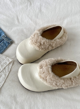 喜叔白色皮面厚底毛绒勃肯鞋女款冬季保暖两穿一脚蹬棉鞋毛毛拖鞋