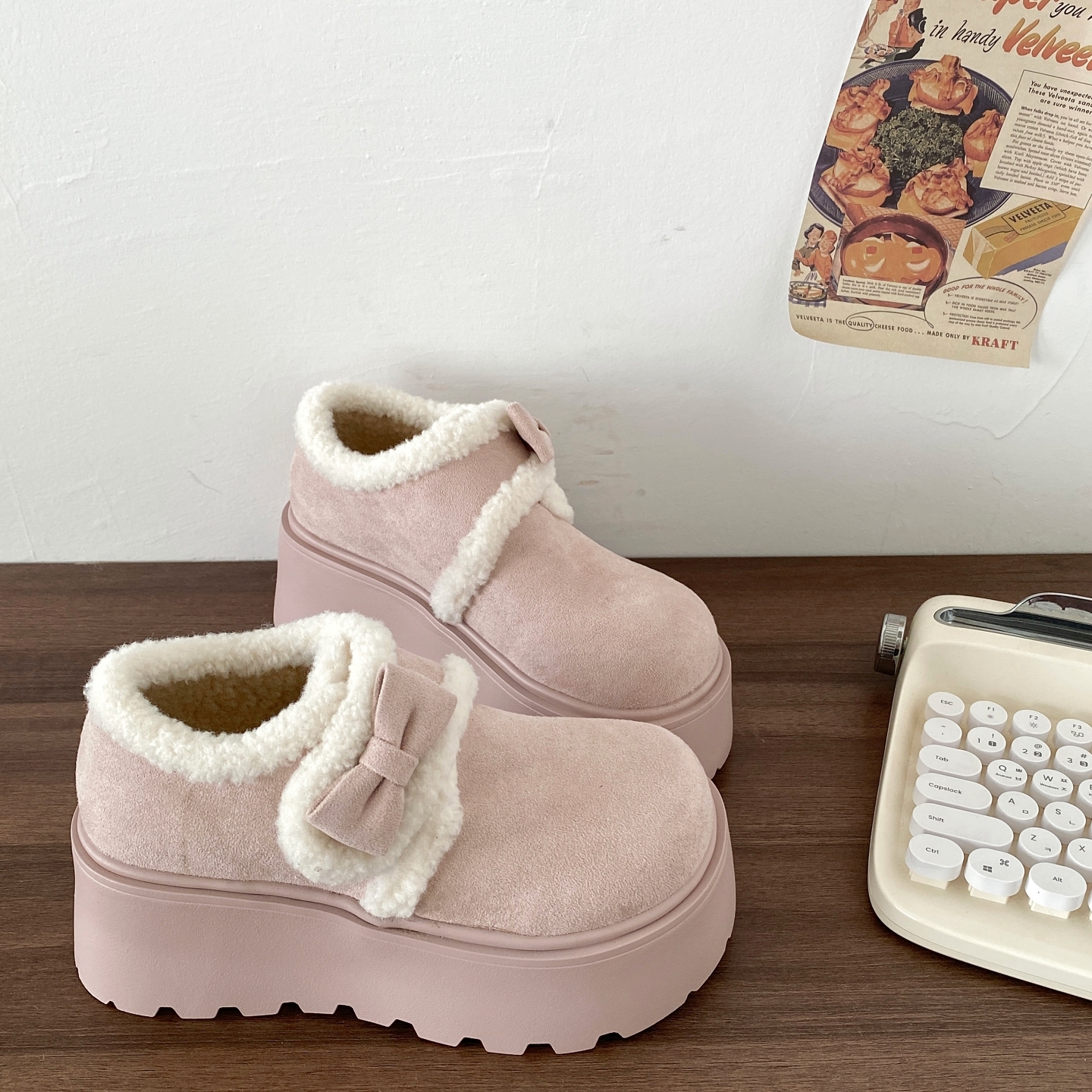 粉色蝴蝶结勃肯棉鞋保暖毛毛鞋子