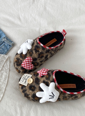 喜叔复古豹纹米奇包头半拖鞋女款秋冬外穿毛毛拖鞋保暖防滑棉拖鞋