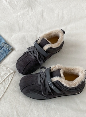 喜叔小众灰色加绒德训鞋女2025新款冬季加厚保暖棉鞋内增高毛毛鞋