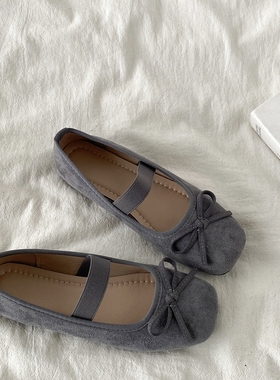 喜叔灰色蝴蝶结芭蕾鞋女2025春季新款法式圆头平底浅口玛丽珍单鞋