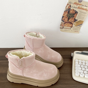 喜叔 粉色厚底雪地靴女2025冬季新款皮毛一体加绒保暖棉鞋短靴子