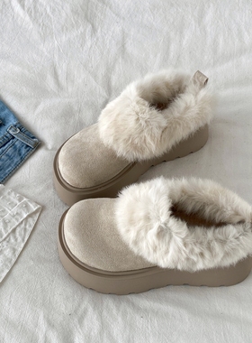 喜叔 白色厚底毛毛包头半拖鞋女外穿冬季保暖加绒勃肯棉鞋雪地靴