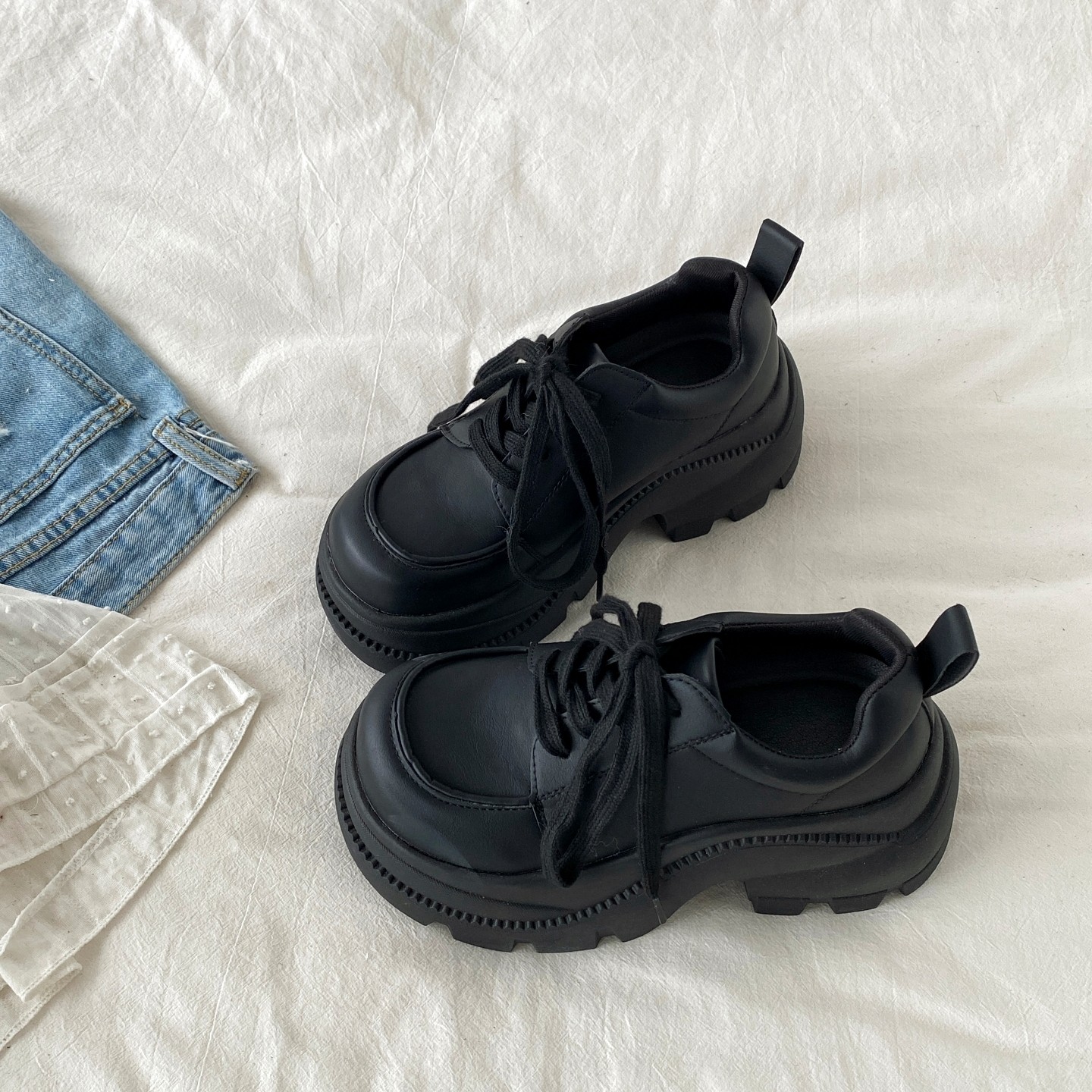 喜叔黑色松糕厚底乐福鞋女2026春季新款小个子增高德比鞋休闲鞋子,女鞋,乐福鞋（豆豆鞋）,淘宝优惠券,粉丝福利购,淘宝优惠卷