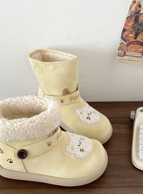 喜叔奶黄色可爱猫咪雪地靴女2025冬季新款保暖加绒棉鞋毛毛短靴子