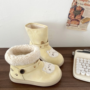 喜叔奶黄色可爱猫咪雪地靴女2025冬季新款保暖加绒棉鞋毛毛短靴子