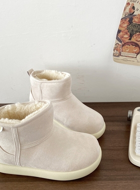 喜叔 白色保暖短筒雪地靴女款秋冬季加绒皮毛一体棉鞋丑萌面包鞋