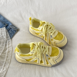 喜叔丑萌黄色网面透气板鞋女款夏季轻便休闲运动鞋厚底阿甘德训鞋