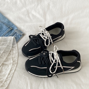 喜叔原创小众黑色德训鞋女款春秋百搭平底休闲运动鞋复古阿甘板鞋