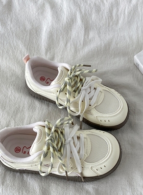 喜叔 淡黄色小众不撞款板鞋女ins潮夏季透气网面德训鞋运动休闲鞋