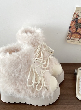 喜叔白色加绒加厚毛毛雪地靴女2025新款冬季小个子增高保暖棉靴子